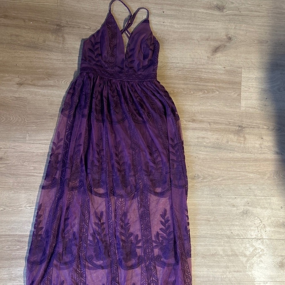 Entro Purple Embroidered Mesh Maxi Dress V-Neck Boho Gown Small